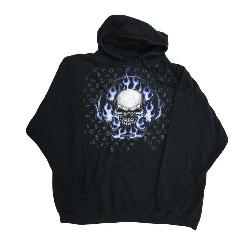 Vintage Y2K Skull Flame Cross Hoodie 2XL Black Goth Emo Grunge Pullover Sweater
